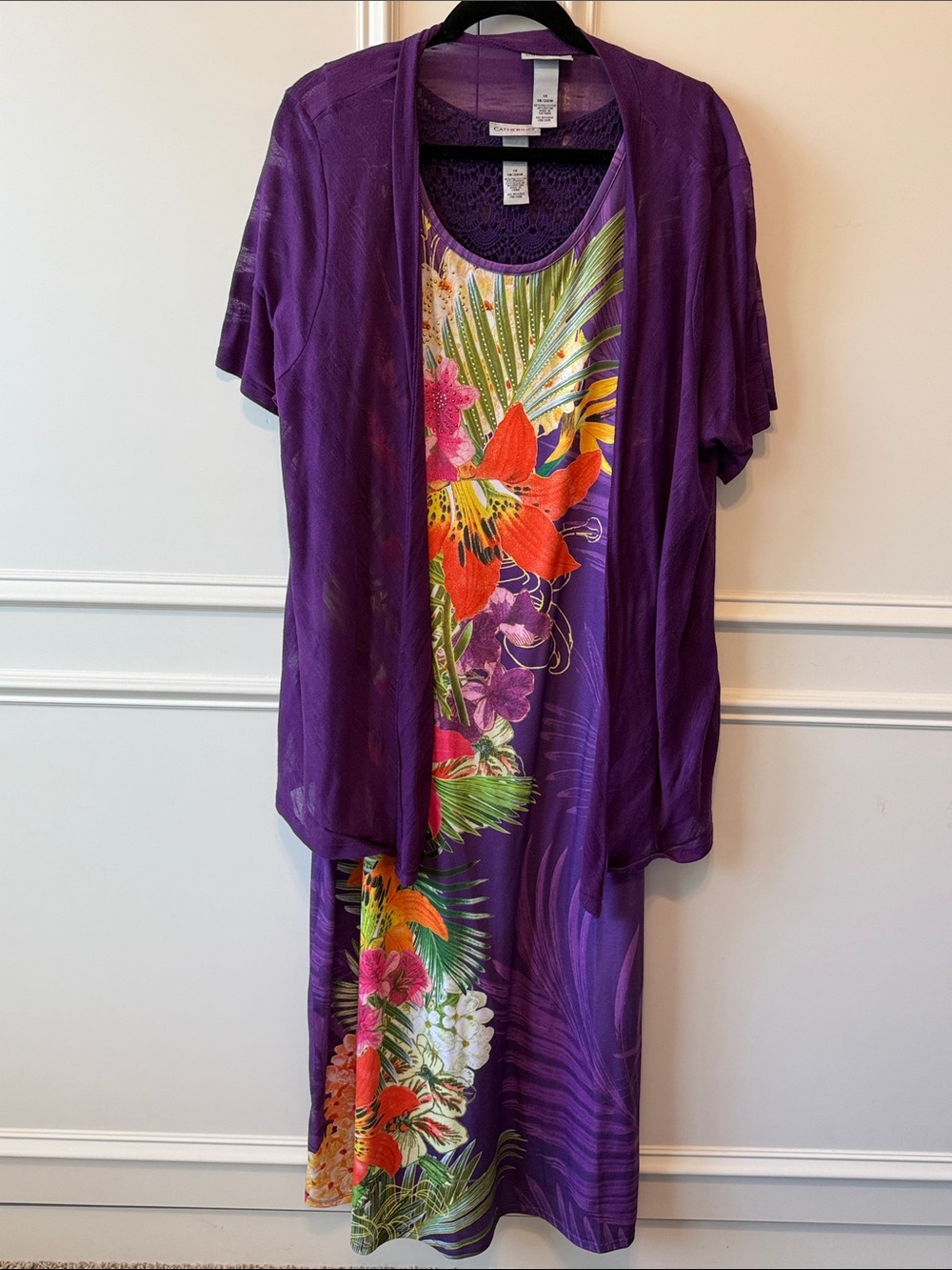 Catherines Purple Tropical Maxi Dress with Coordinating Cardigan